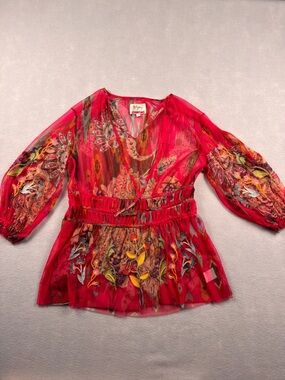 Johnny Was Biya Mesh Blouse Sz Small Embroidered Sleeve Floral Boho Sheer